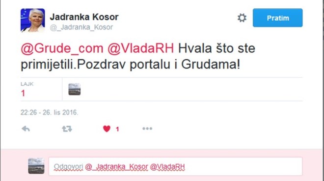 Bivša premijerka, nekad najmoćnija žena u Hrvata, Jadranka Kosor, poslala pozdrav Grudama