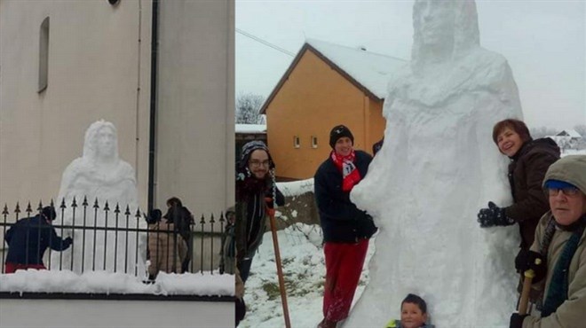 FOTO: Slavonci u snijegu napravili lik Isusa! Sretan Božić hrvatskome rodu