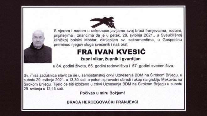 Preminuo fra Ivan Kvesić