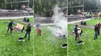 Naš čovjek okrenuo janje u dvorištu, 'Švicarac' mu ga 'zalio' aparatom za gašenje požara