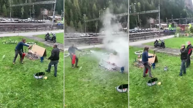 Naš čovjek okrenuo janje u dvorištu, 'Švicarac' mu ga 'zalio' aparatom za gašenje požara